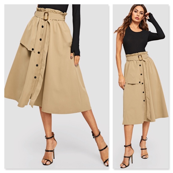 Rouge! Dresses & Skirts - Trench Style Khaki Paper Bag Belted Midi Skirt